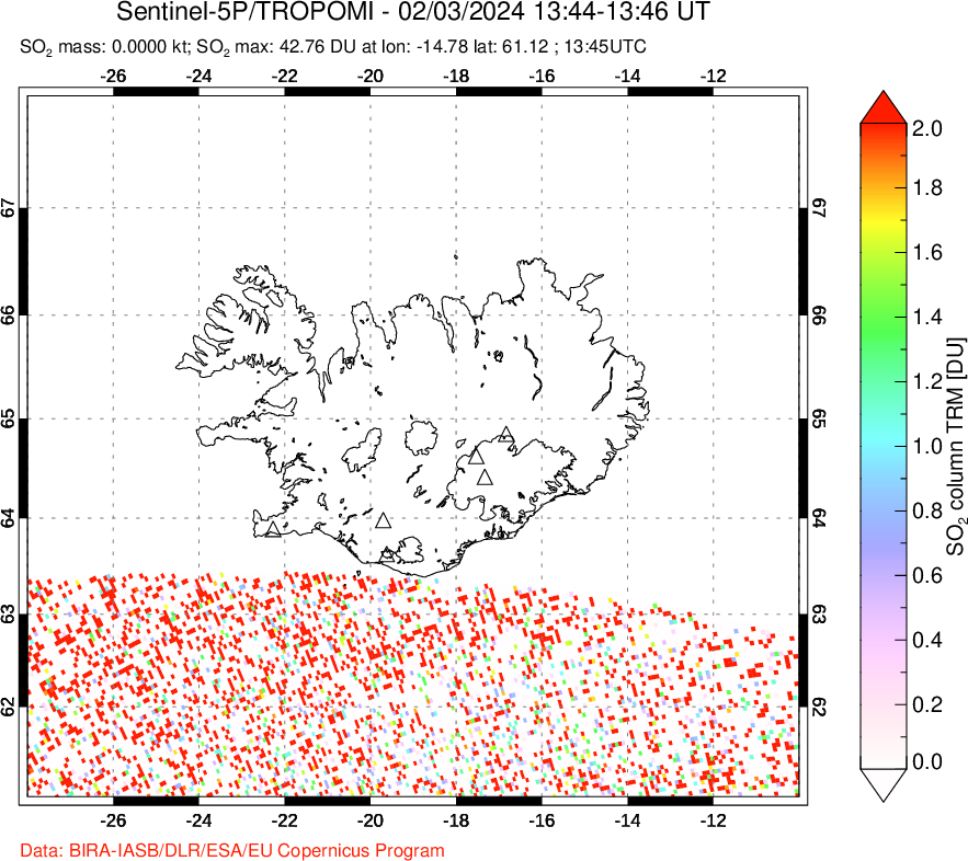 A sulfur dioxide image over Iceland on Feb 03, 2024.