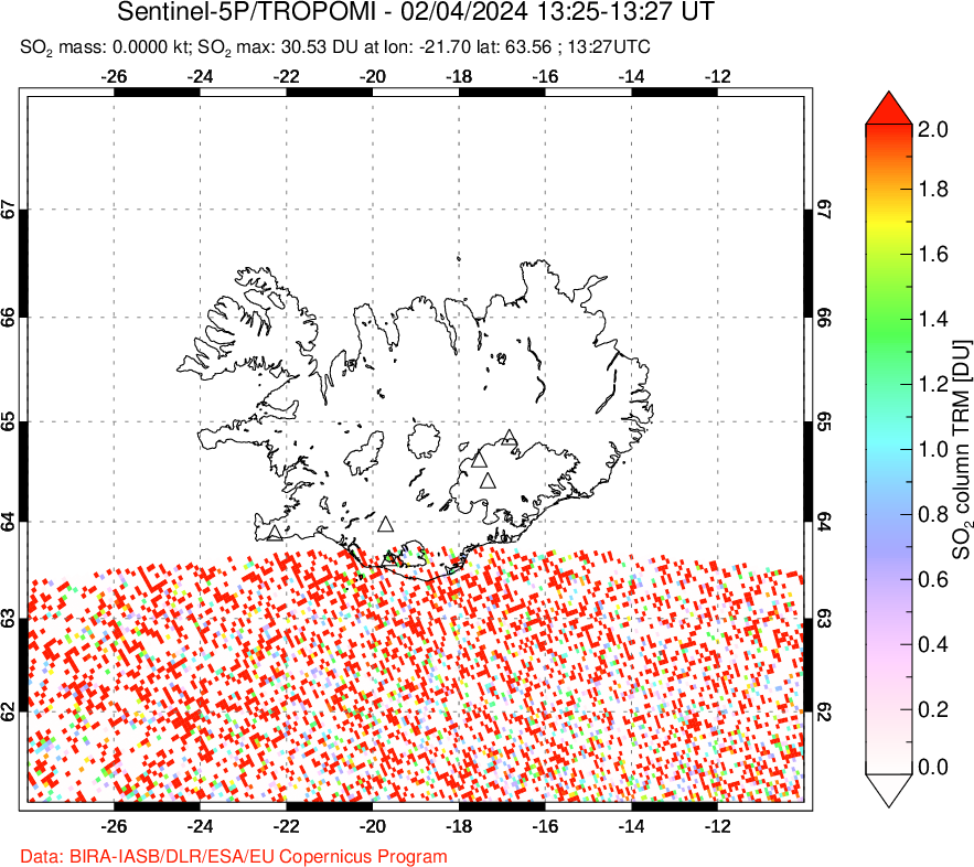 A sulfur dioxide image over Iceland on Feb 04, 2024.