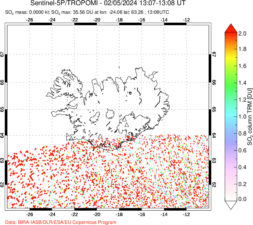 A sulfur dioxide image over Iceland on Feb 05, 2024.