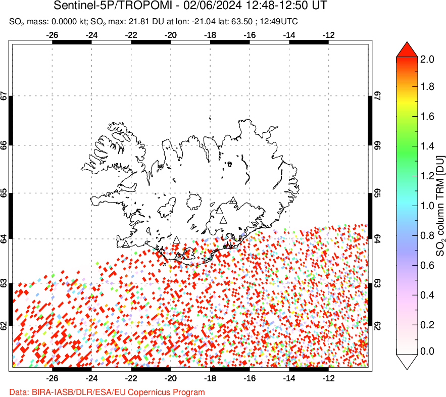 A sulfur dioxide image over Iceland on Feb 06, 2024.