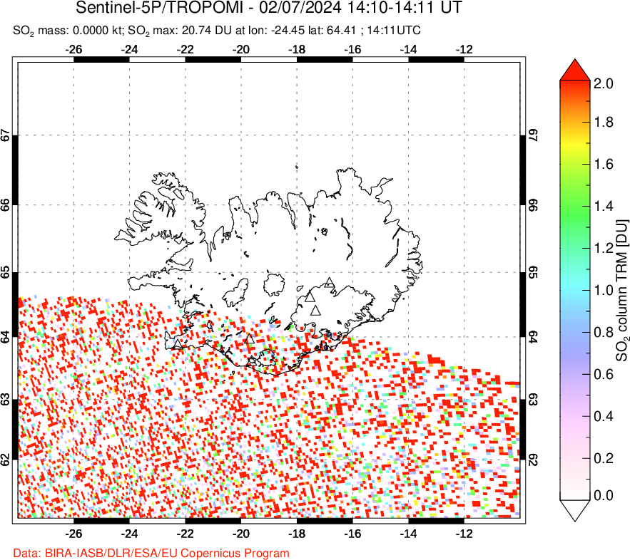 A sulfur dioxide image over Iceland on Feb 07, 2024.