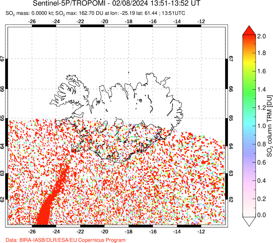 A sulfur dioxide image over Iceland on Feb 08, 2024.