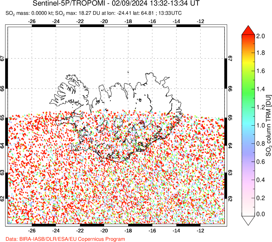 A sulfur dioxide image over Iceland on Feb 09, 2024.