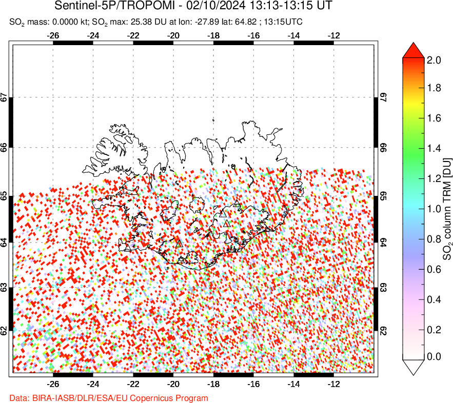 A sulfur dioxide image over Iceland on Feb 10, 2024.