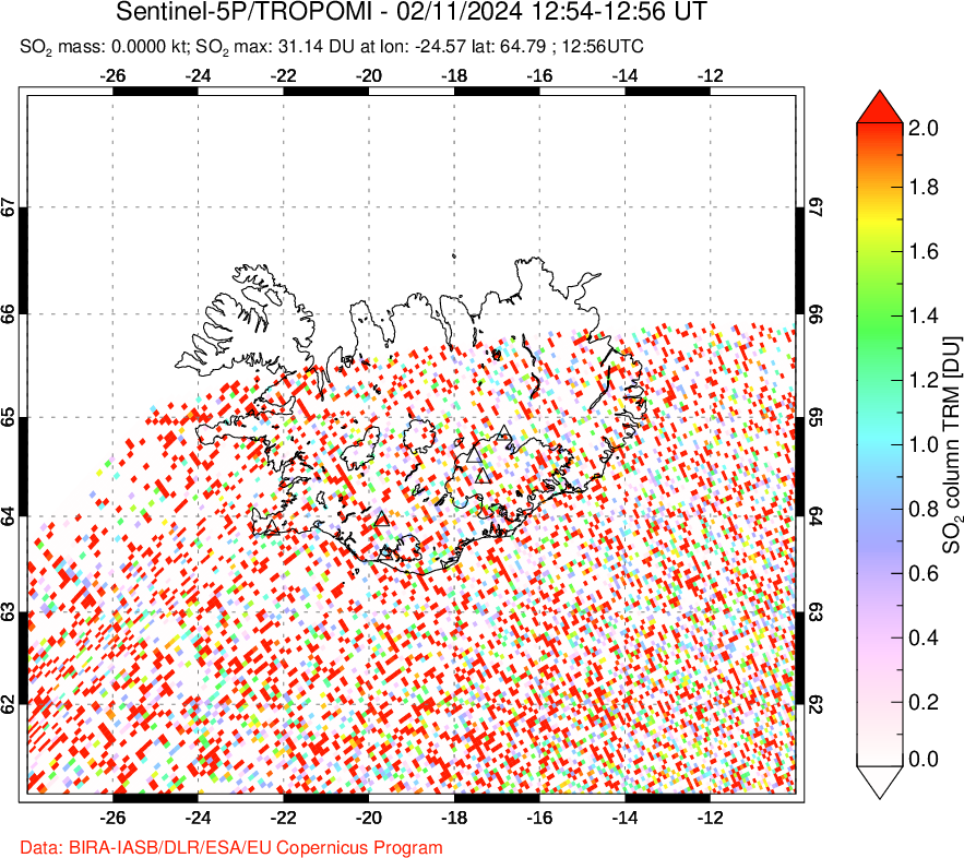 A sulfur dioxide image over Iceland on Feb 11, 2024.