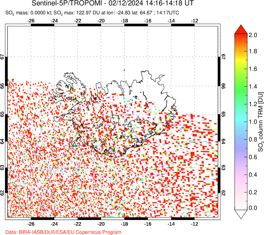 A sulfur dioxide image over Iceland on Feb 12, 2024.