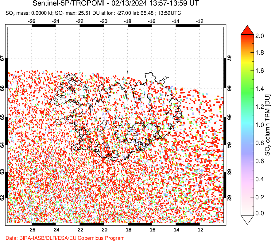 A sulfur dioxide image over Iceland on Feb 13, 2024.