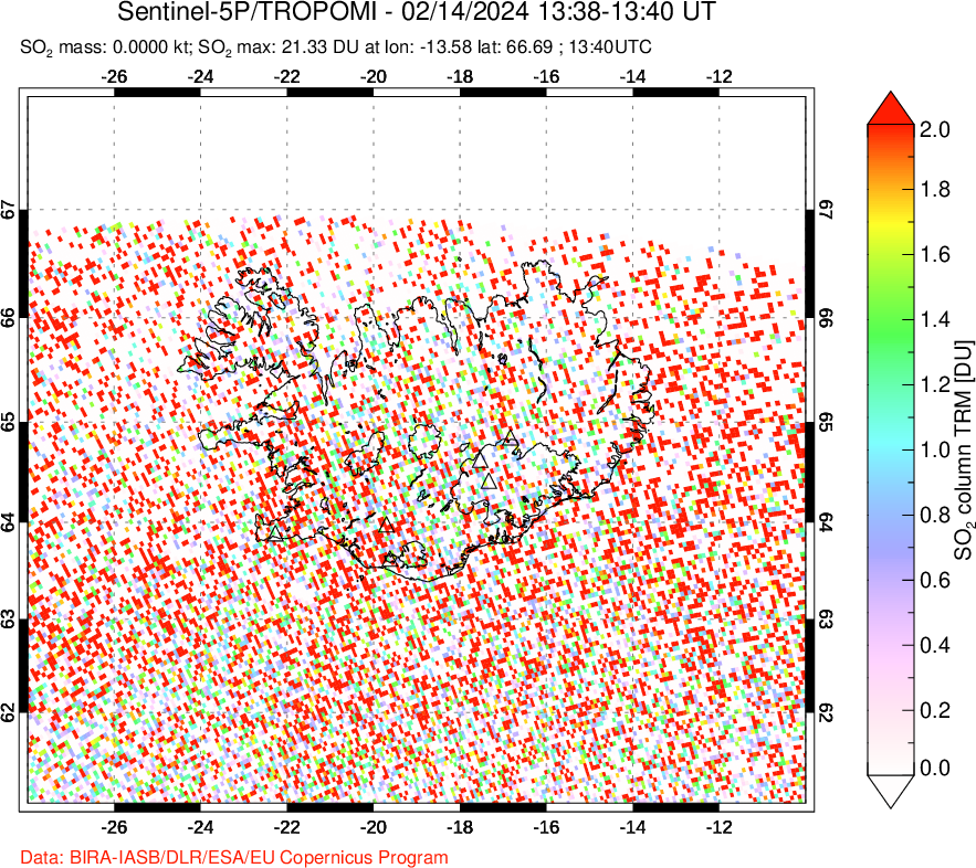 A sulfur dioxide image over Iceland on Feb 14, 2024.