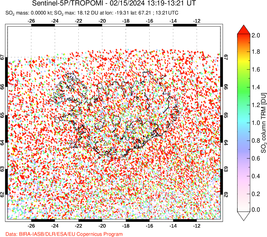 A sulfur dioxide image over Iceland on Feb 15, 2024.