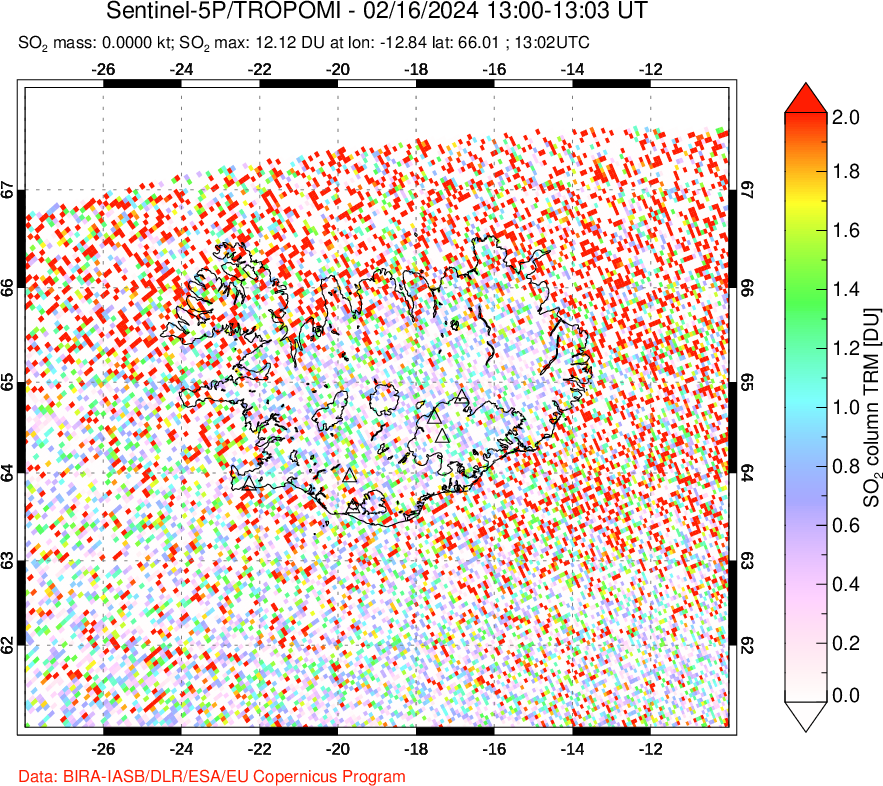 A sulfur dioxide image over Iceland on Feb 16, 2024.