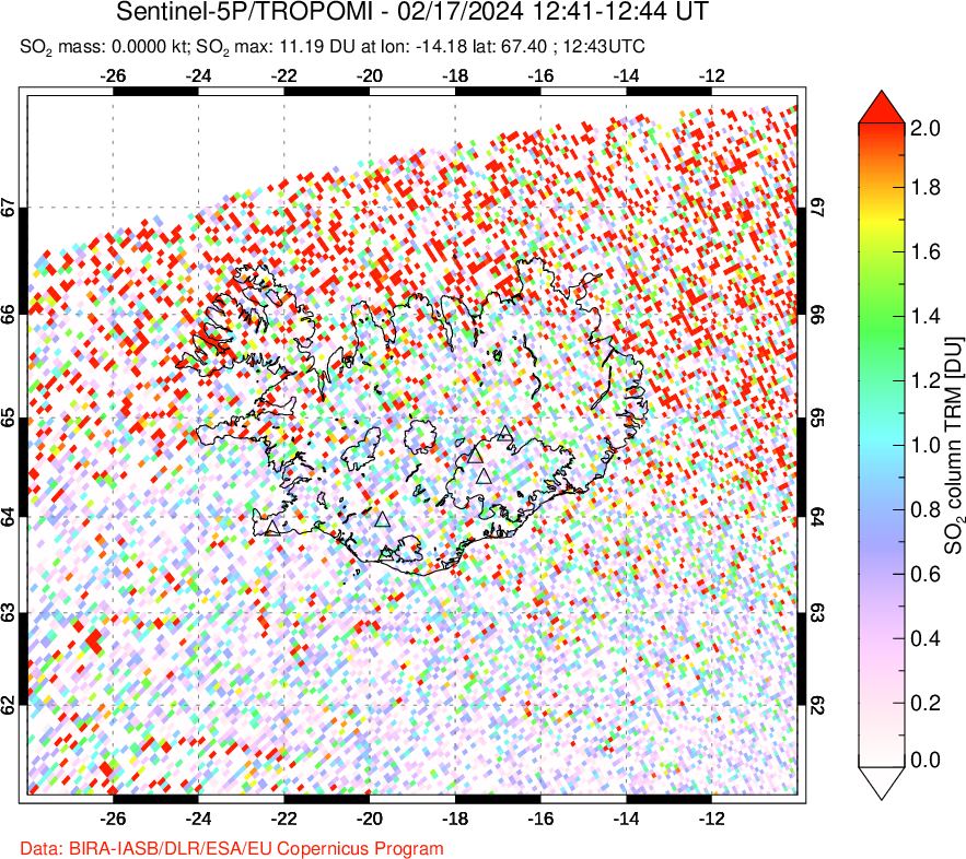 A sulfur dioxide image over Iceland on Feb 17, 2024.