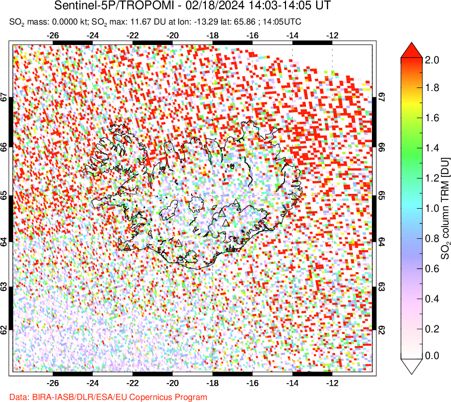 A sulfur dioxide image over Iceland on Feb 18, 2024.