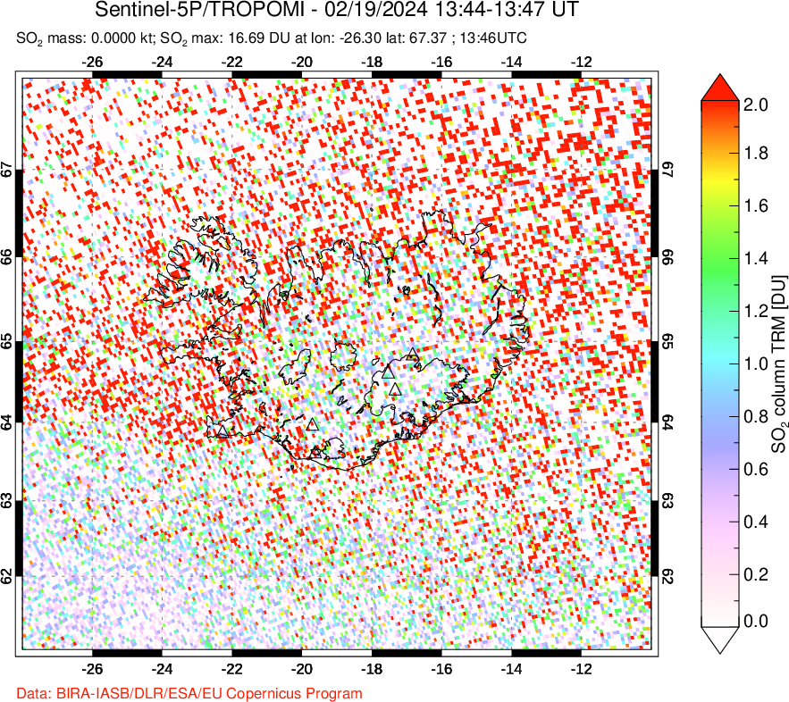 A sulfur dioxide image over Iceland on Feb 19, 2024.