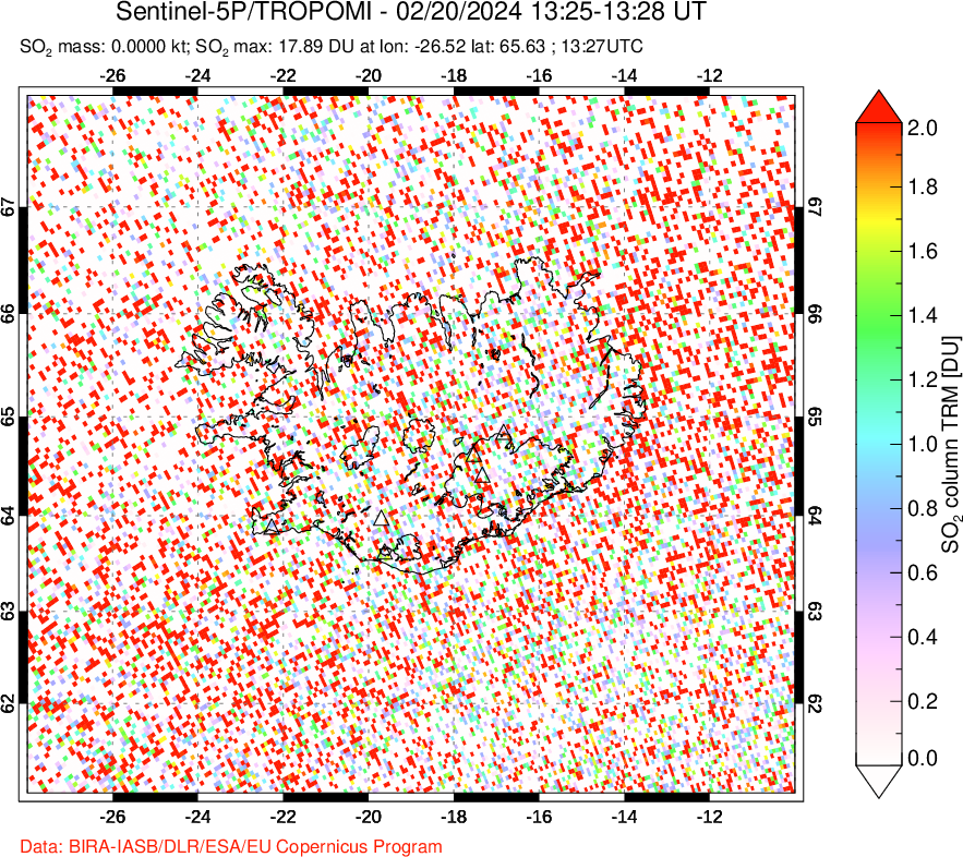 A sulfur dioxide image over Iceland on Feb 20, 2024.