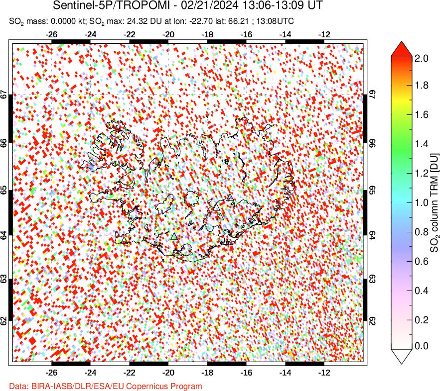 A sulfur dioxide image over Iceland on Feb 21, 2024.