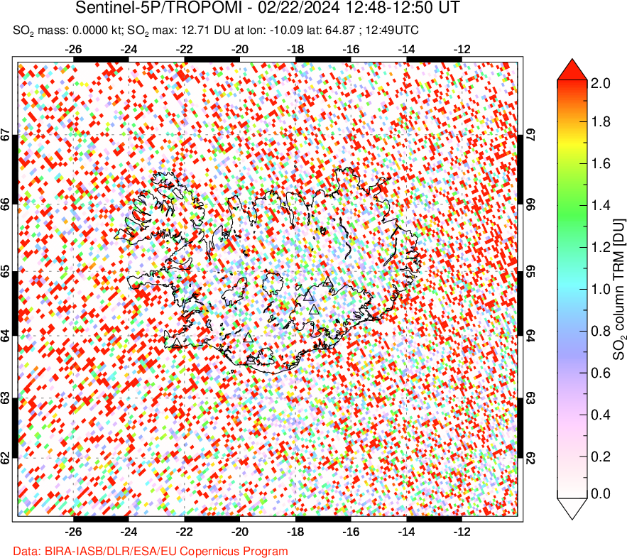 A sulfur dioxide image over Iceland on Feb 22, 2024.