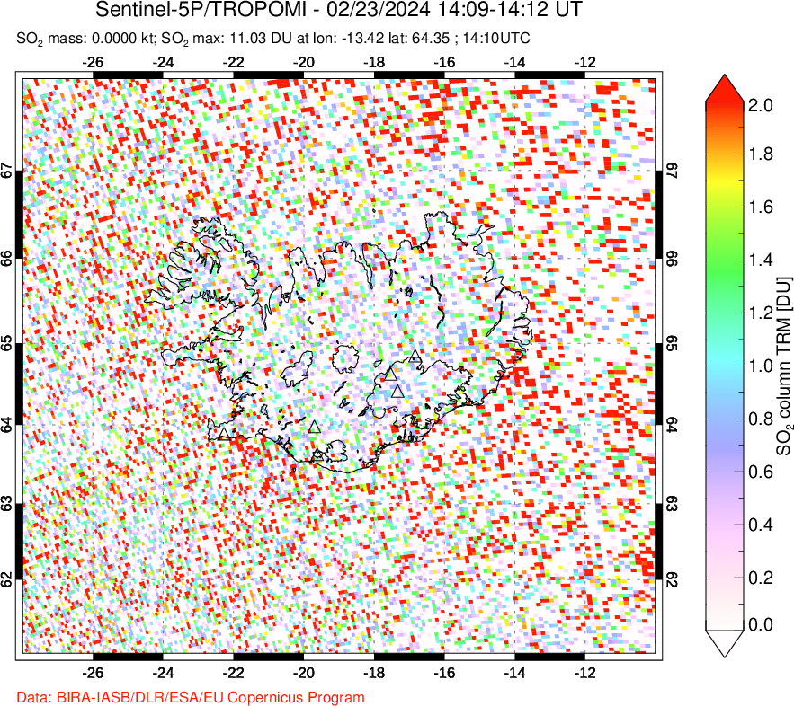 A sulfur dioxide image over Iceland on Feb 23, 2024.