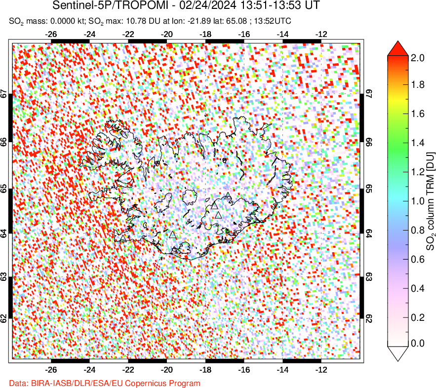 A sulfur dioxide image over Iceland on Feb 24, 2024.