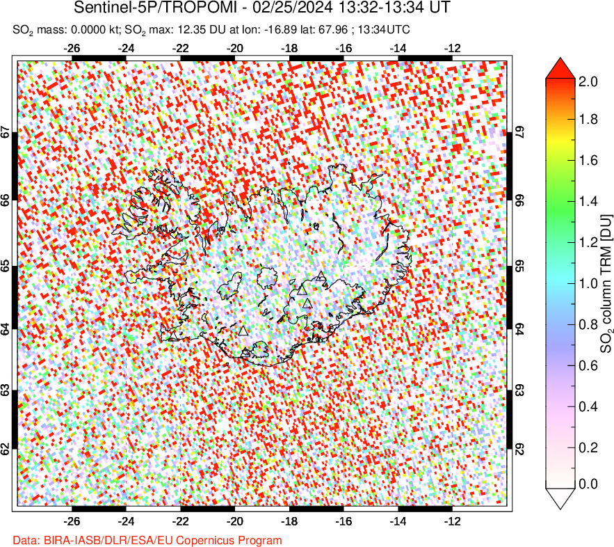 A sulfur dioxide image over Iceland on Feb 25, 2024.