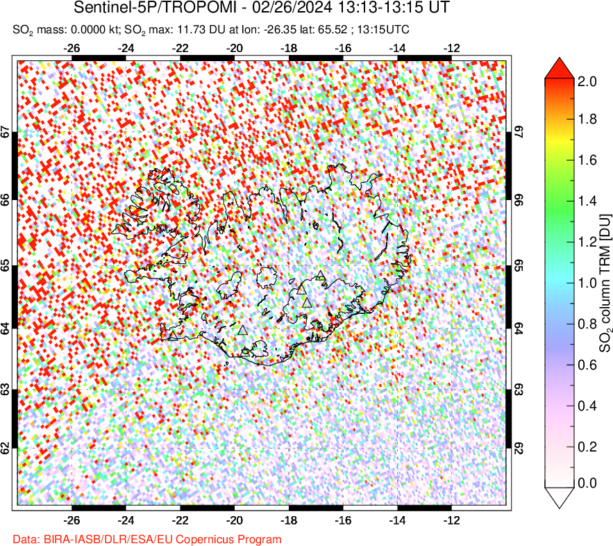 A sulfur dioxide image over Iceland on Feb 26, 2024.