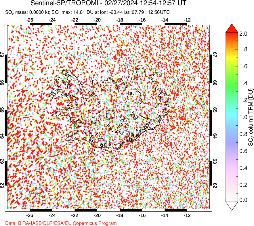 A sulfur dioxide image over Iceland on Feb 27, 2024.