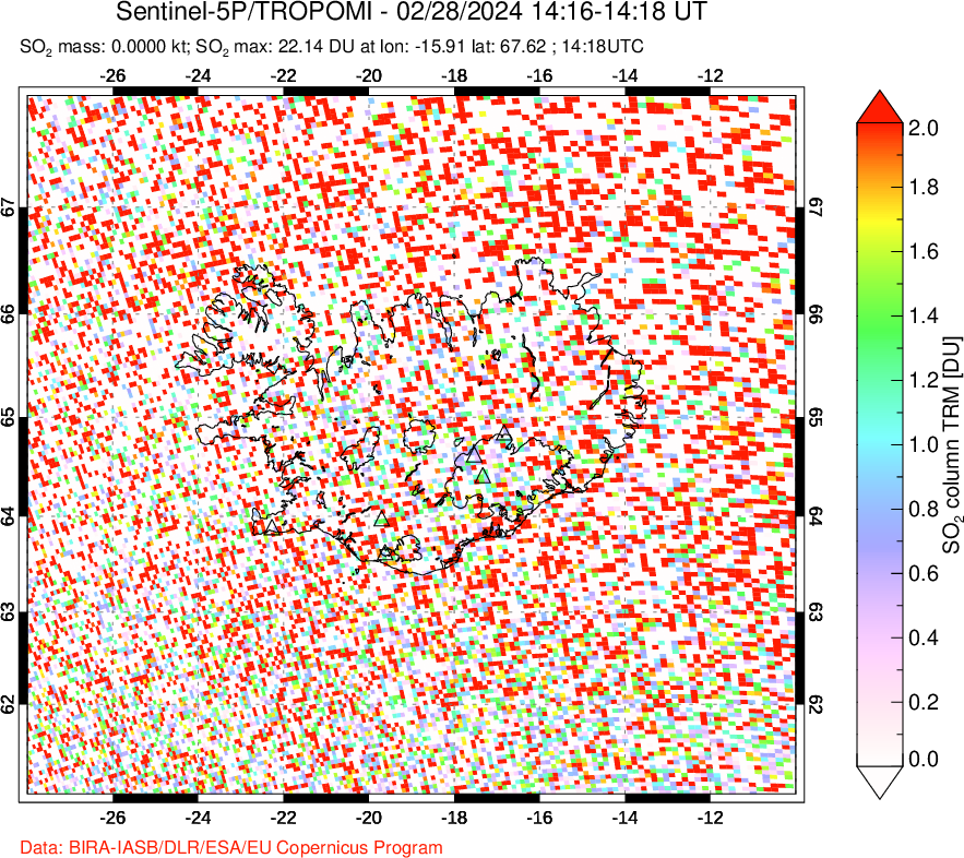 A sulfur dioxide image over Iceland on Feb 28, 2024.