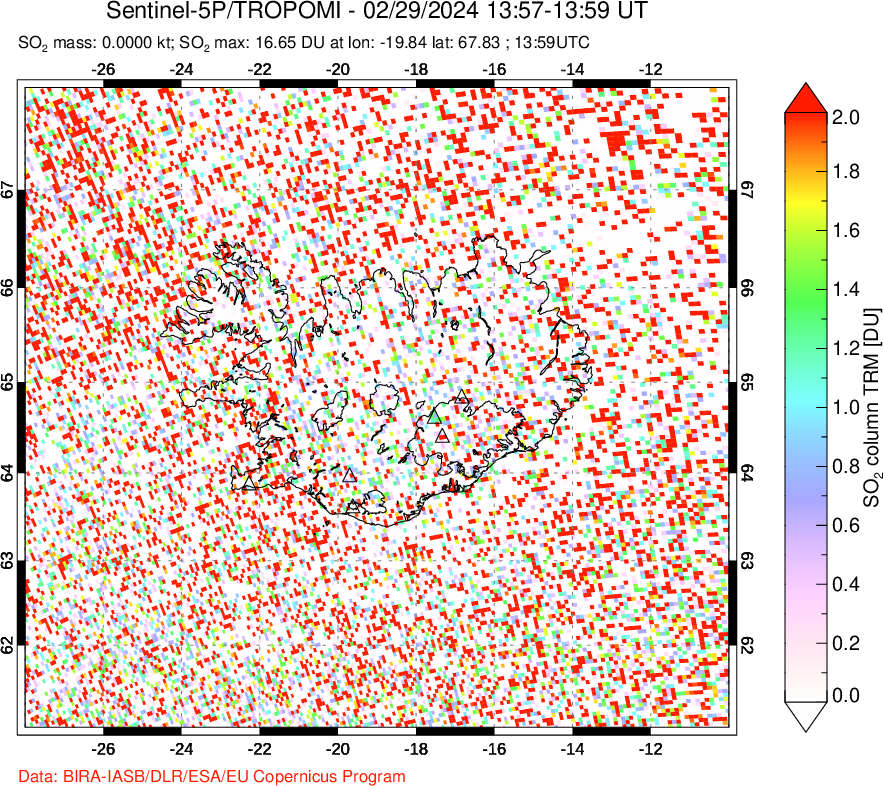 A sulfur dioxide image over Iceland on Feb 29, 2024.