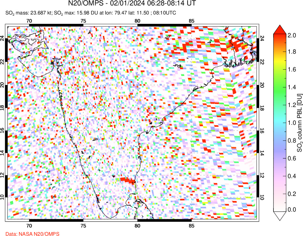 A sulfur dioxide image over India on Feb 01, 2024.