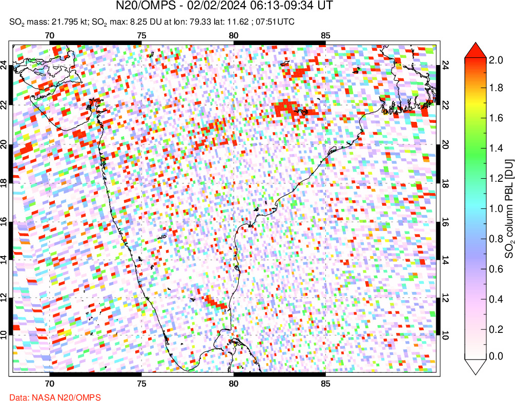 A sulfur dioxide image over India on Feb 02, 2024.