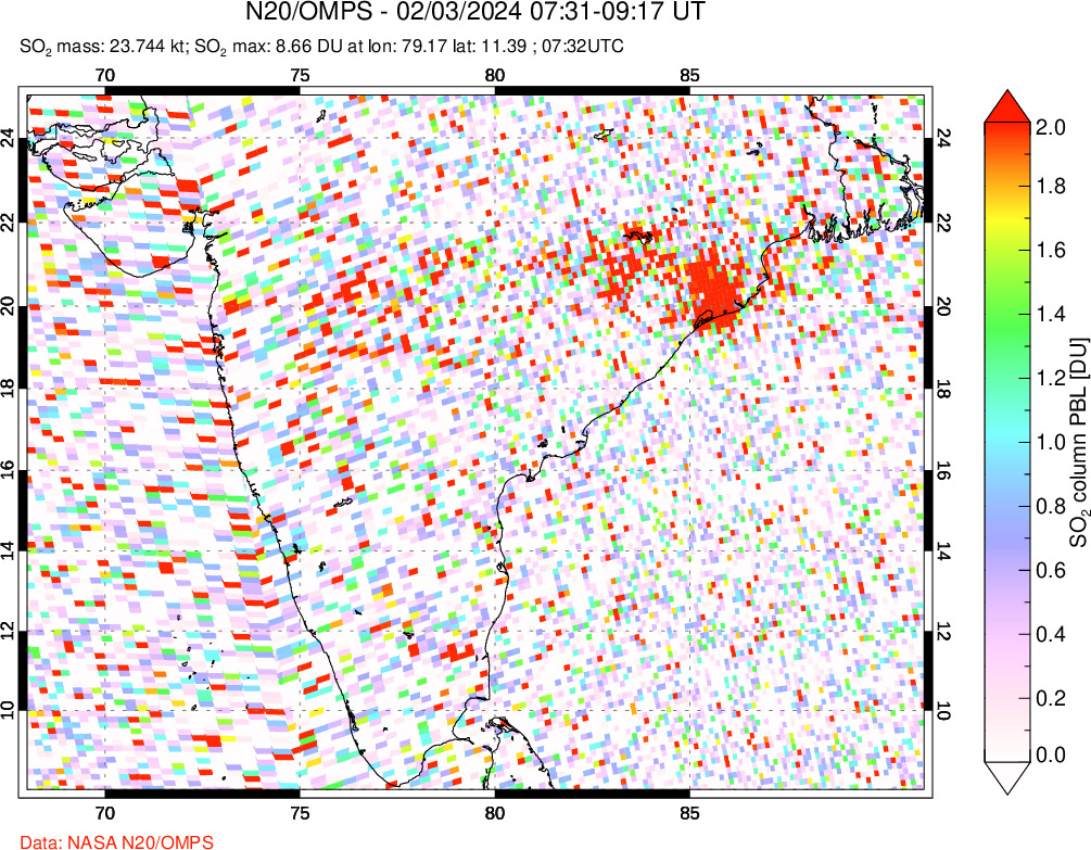 A sulfur dioxide image over India on Feb 03, 2024.