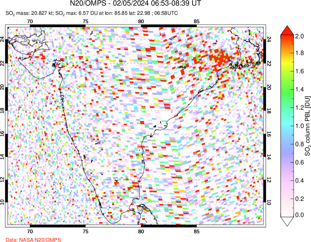 A sulfur dioxide image over India on Feb 05, 2024.