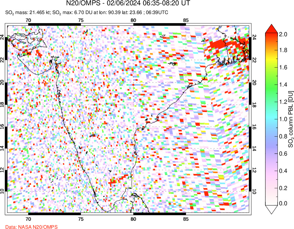 A sulfur dioxide image over India on Feb 06, 2024.