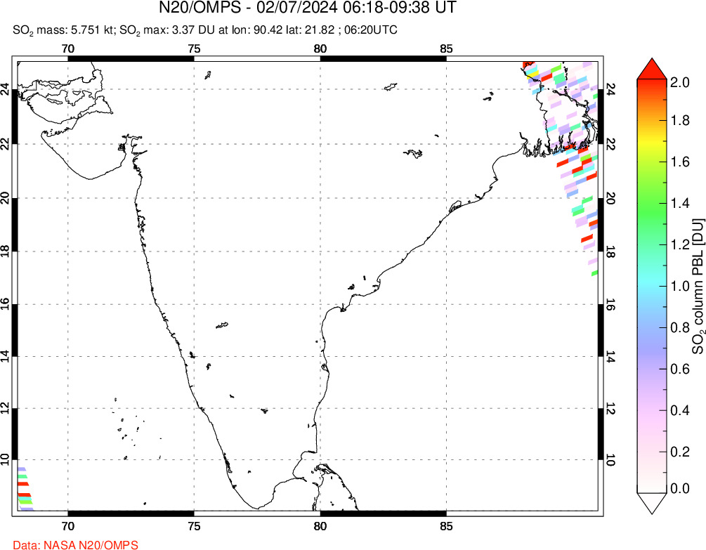 A sulfur dioxide image over India on Feb 07, 2024.