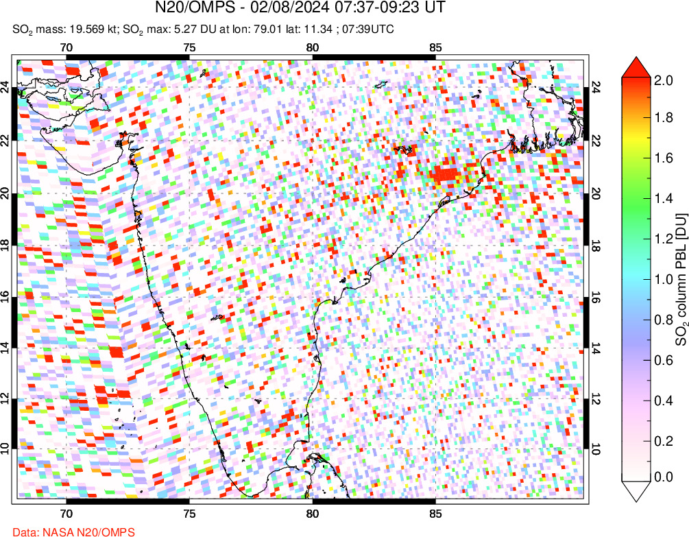 A sulfur dioxide image over India on Feb 08, 2024.