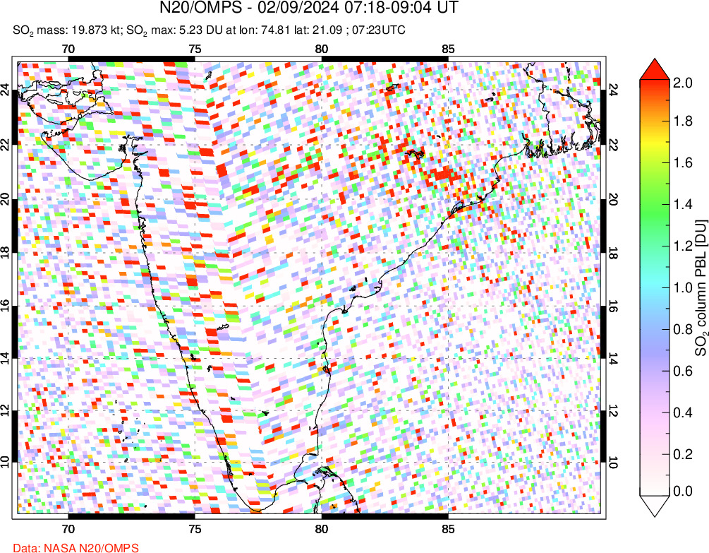 A sulfur dioxide image over India on Feb 09, 2024.