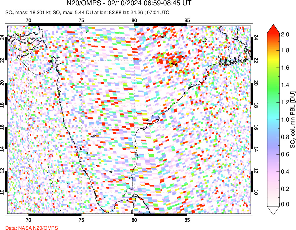 A sulfur dioxide image over India on Feb 10, 2024.