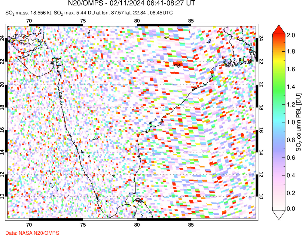 A sulfur dioxide image over India on Feb 11, 2024.