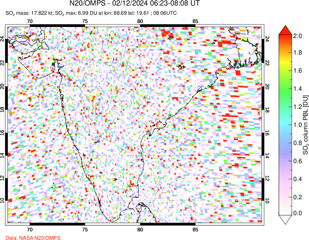 A sulfur dioxide image over India on Feb 12, 2024.