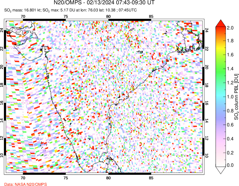 A sulfur dioxide image over India on Feb 13, 2024.