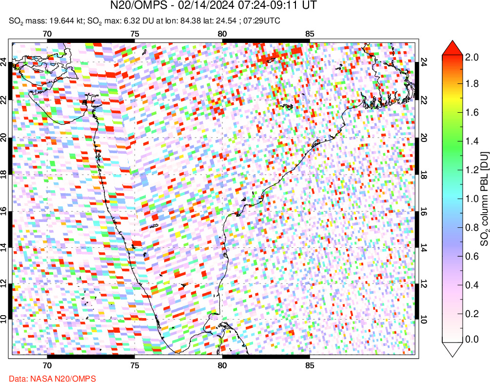 A sulfur dioxide image over India on Feb 14, 2024.