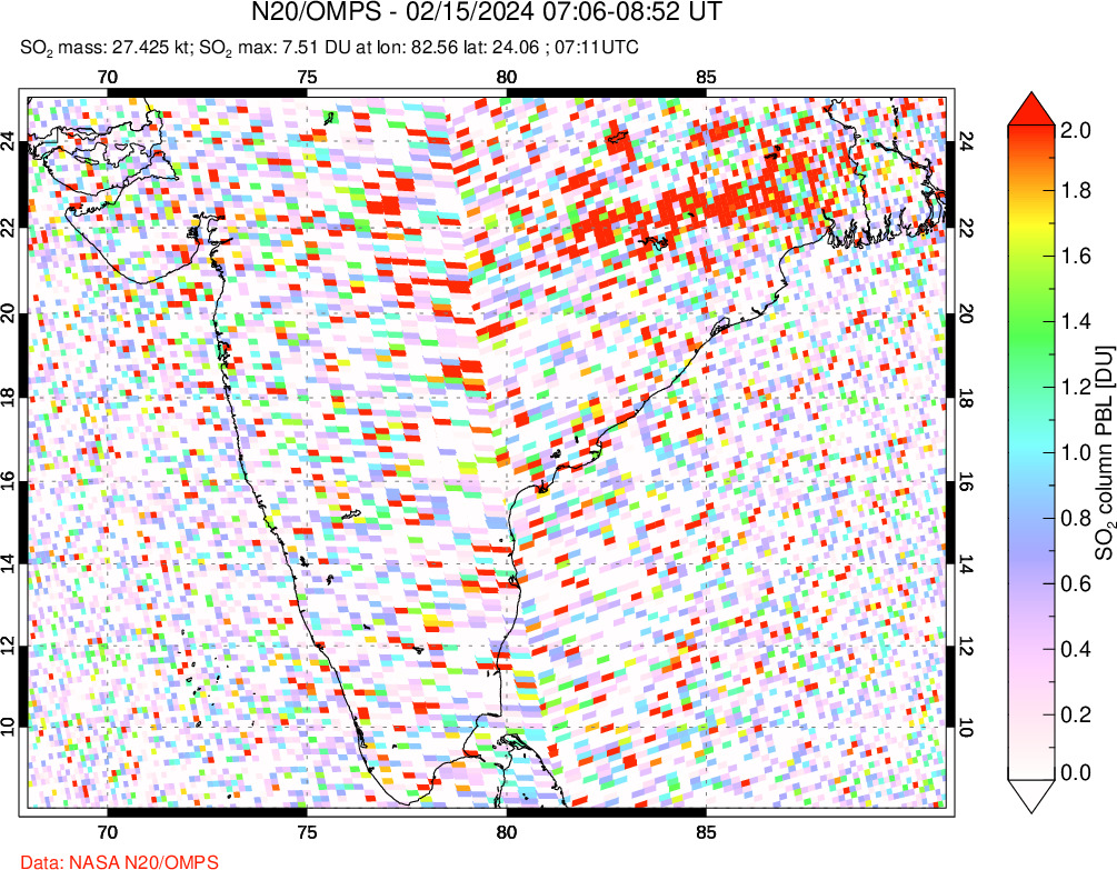 A sulfur dioxide image over India on Feb 15, 2024.