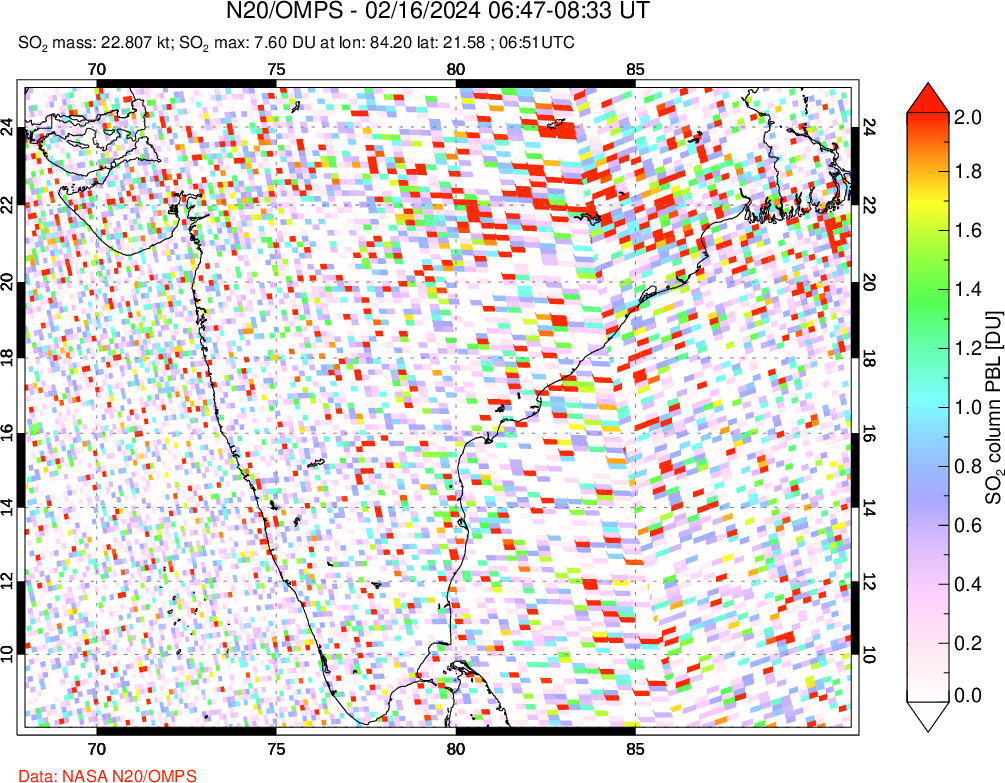 A sulfur dioxide image over India on Feb 16, 2024.