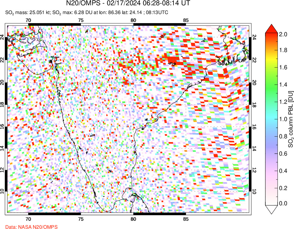 A sulfur dioxide image over India on Feb 17, 2024.