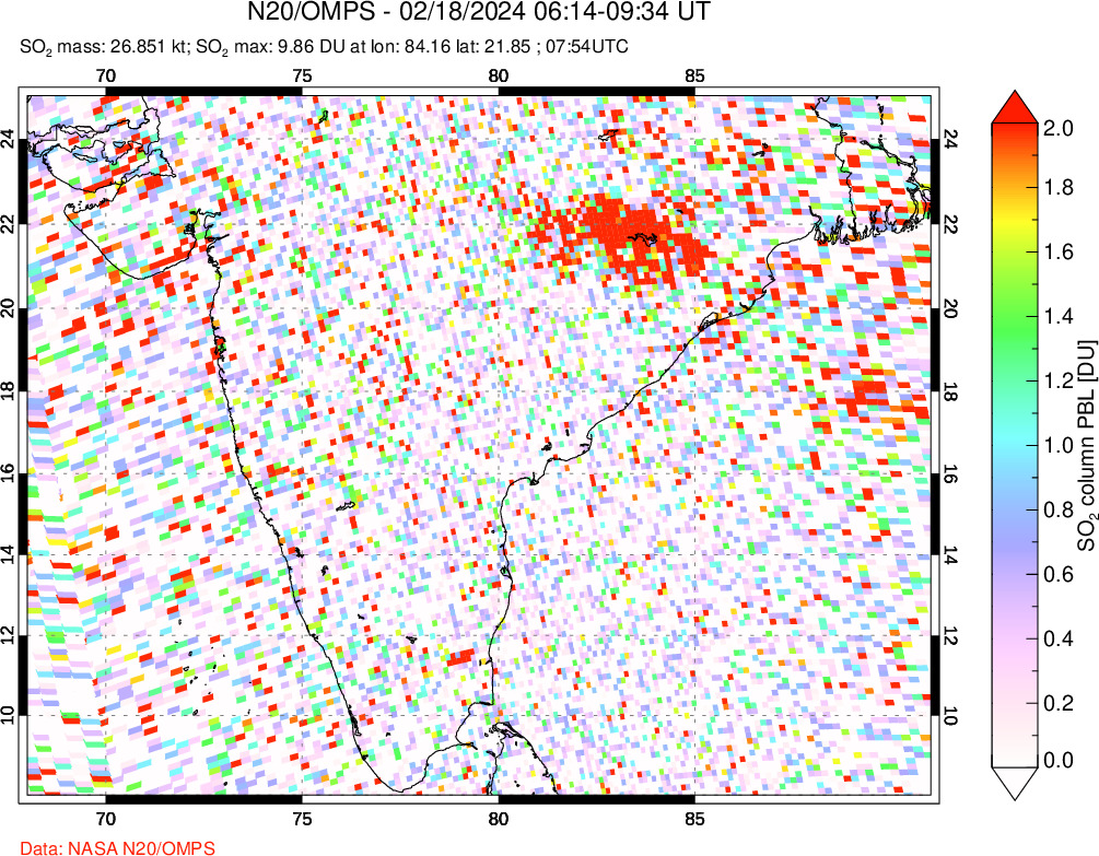 A sulfur dioxide image over India on Feb 18, 2024.