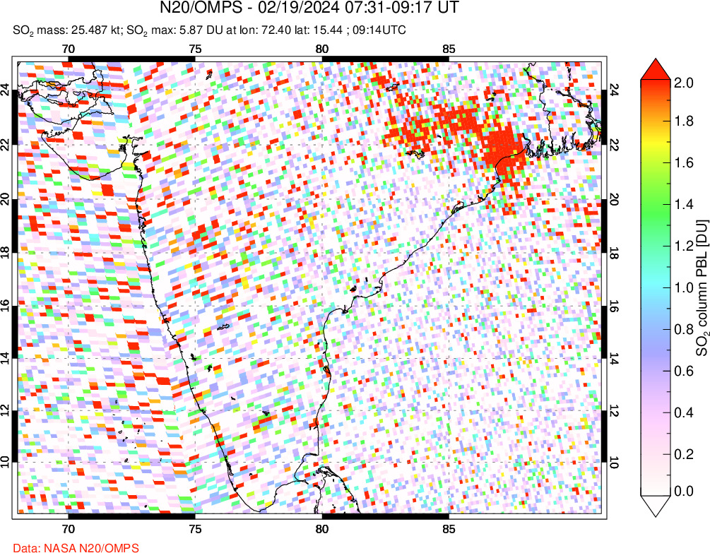 A sulfur dioxide image over India on Feb 19, 2024.