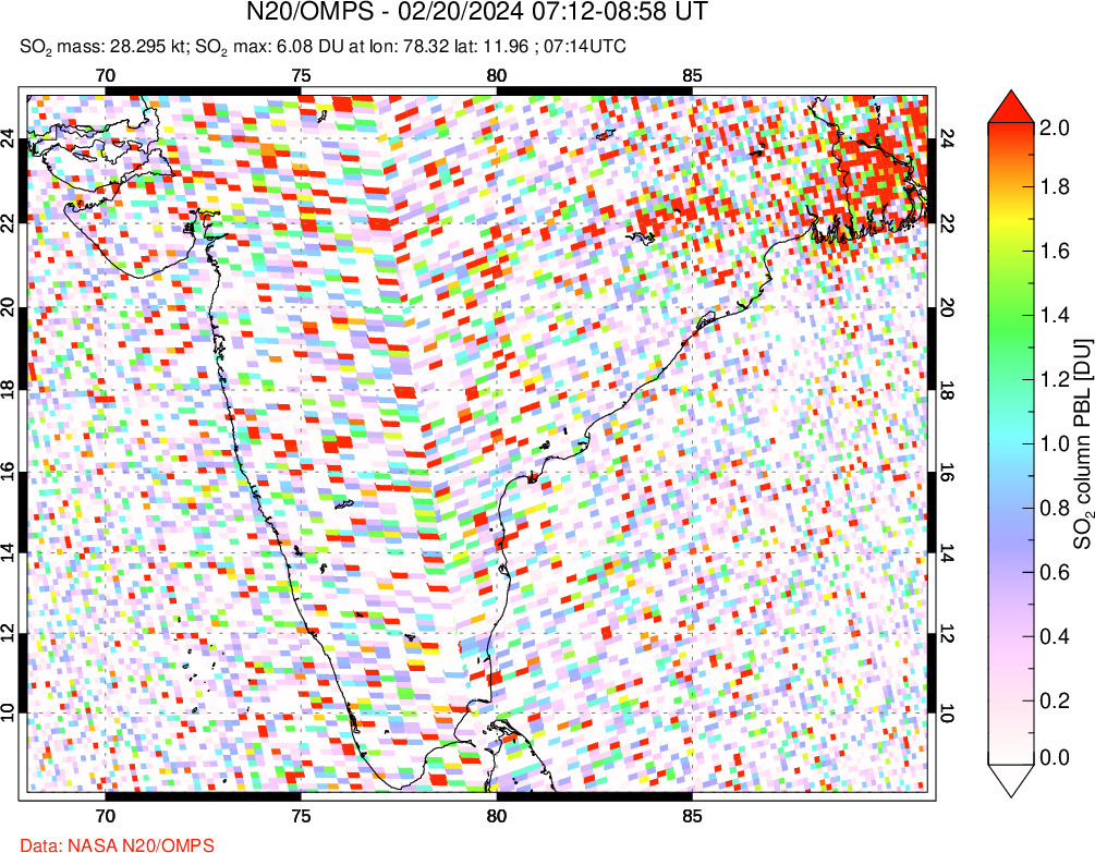 A sulfur dioxide image over India on Feb 20, 2024.