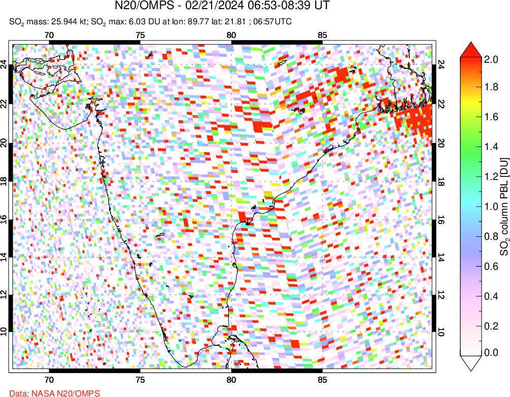 A sulfur dioxide image over India on Feb 21, 2024.