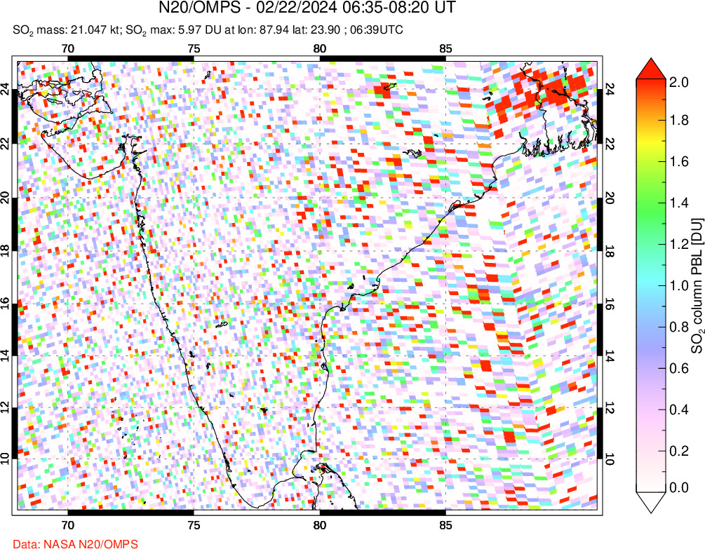 A sulfur dioxide image over India on Feb 22, 2024.