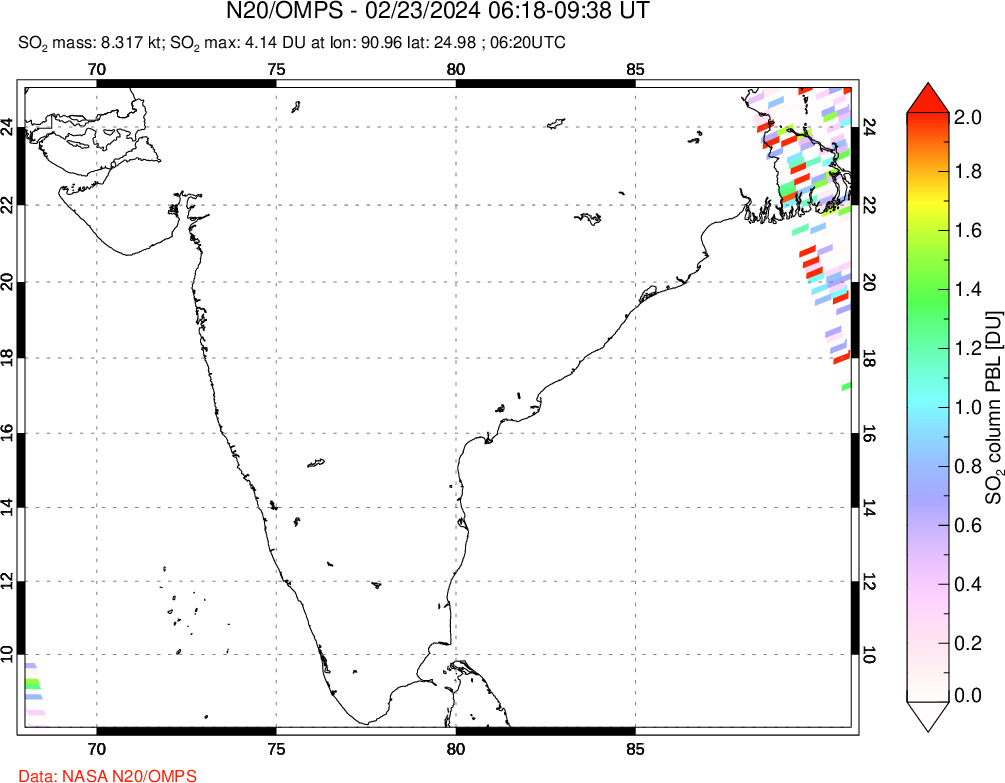 A sulfur dioxide image over India on Feb 23, 2024.