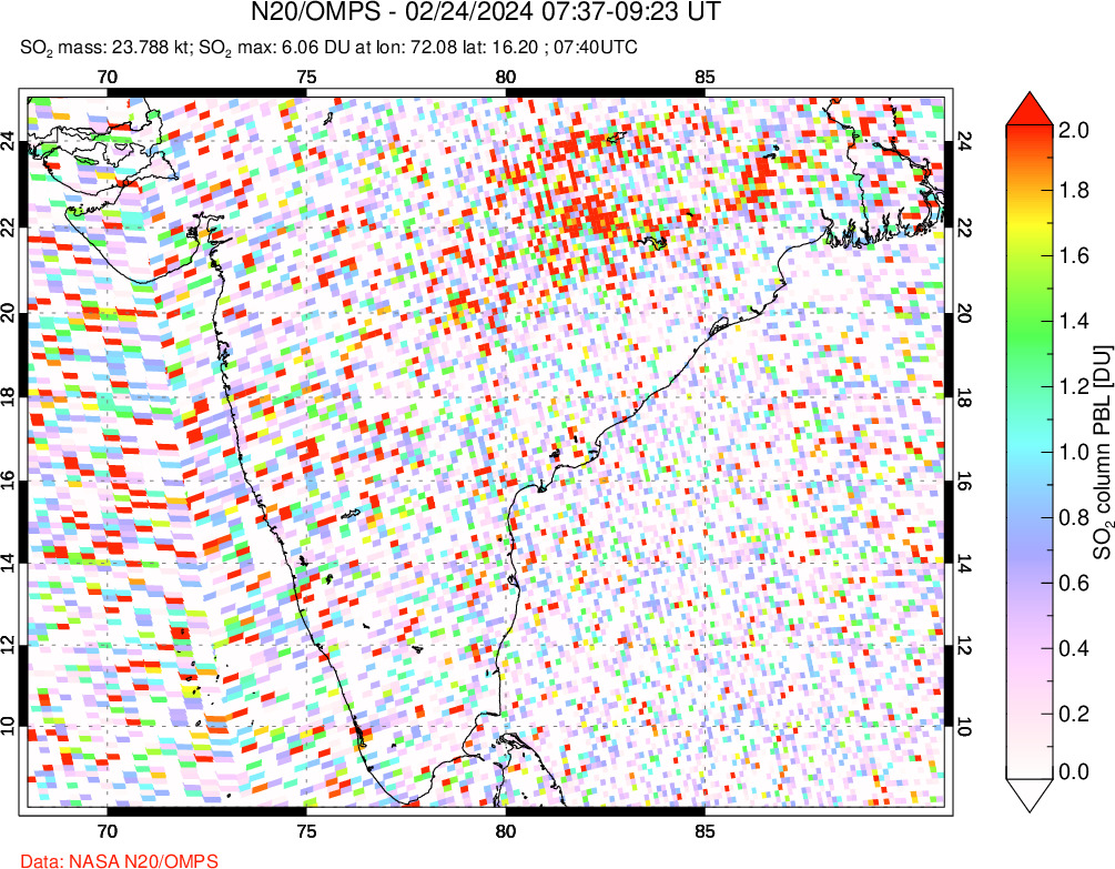 A sulfur dioxide image over India on Feb 24, 2024.